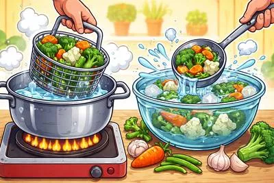 Blanch - Turn pale from shock, fear, or embarrassment; also to whiten food briefly in boiling water.