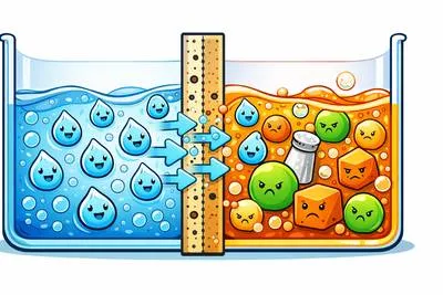 Osmosis - A process in which water moves from a region of lower solute concentration to a region of higher solute concentration through a semipermeable membrane. (अर्धपारगम्य झिल्ली के माध्यम से जल का कम विलेय सान्द्रता वाले क्षेत्र से अधिक विलेय सान्द्रता वाले क्षेत्र की ओर गमन)