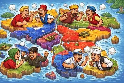 Balkanize - Divide a place, group, or country into smaller and often hostile parts. (छोटे और अक्सर शत्रुतापूर्ण भागों में विभाजित करना)