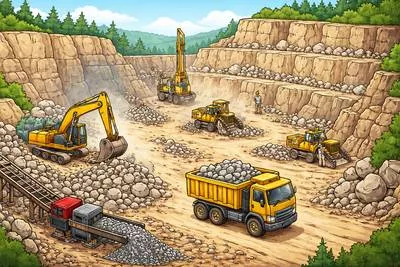 Quarry - A place where stone, sand, or minerals are dug out from the ground; also, to dig or extract stone from such a place. It can also mean the target of a hunt or search.