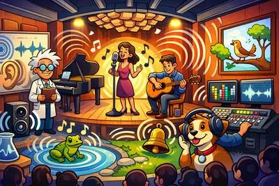 Acoustics - The science of sound, or the way sound behaves in a room, hall, or building. (ध्वनिविज्ञान; किसी स्थान में ध्वनि के व्यवहार का अध्ययन)