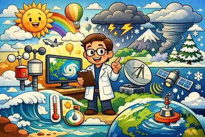 Meteorology - The scientific study of the atmosphere, weather, and weather conditions. (मौसम विज्ञान)