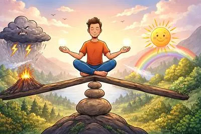 Equanimous - Remaining calm, balanced, and composed, especially in difficult situations. (समचित्त, शांतचित्त)