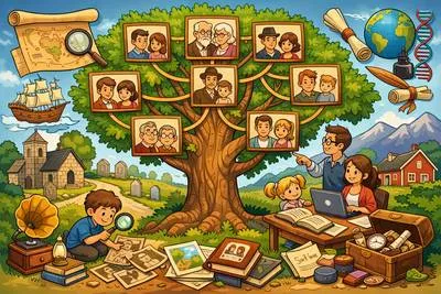 Genealogy - The study or record of family ancestry and lineage. (वंशावली / कुल-वृत्तांत)