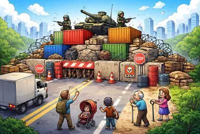 Blockade - An act of sealing off a place to prevent goods or people from entering or leaving.