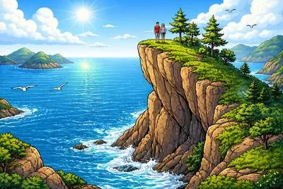 Promontory - A high point of land that juts out into a sea, river, or other body of water.