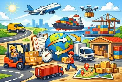 Logistics - The detailed coordination and management of the movement of goods, people, or resources. (रसद व्यवस्था / आपूर्ति प्रबंधन)