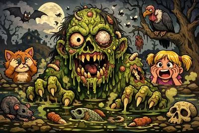 Hideous - Extremely ugly, shocking, or dreadful in appearance or nature.