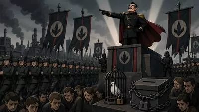 Fascism - A political system or ideology in which a dictator controls the country with strict authority, extreme nationalism, and suppression of opposition. (फासीवाद)