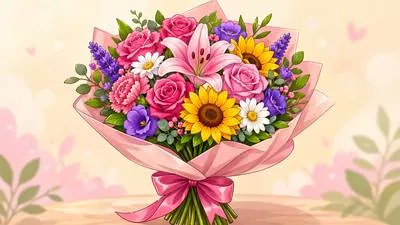 Bouquet - A bunch of flowers arranged beautifully, usually given as a gift.