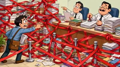 Redtapism - Excessive use of official rules, procedures, and paperwork that causes delay. (लालफीताशाही)