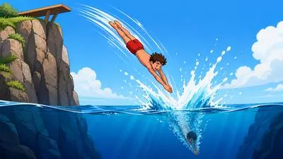 Plunge - Jump, fall, or drop suddenly and forcefully. (अचानक गिरना या कूदना)