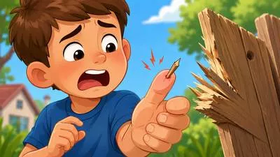Splinter - A small, thin, sharp piece of wood, glass, or metal that has broken off from a larger piece. (लकड़ी, कांच या धातु का टूटा हुआ छोटा, पतला और नुकीला टुकड़ा)