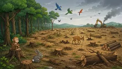 Deforestation - The cutting down or removal of forests from a large area. (वनों की कटाई)