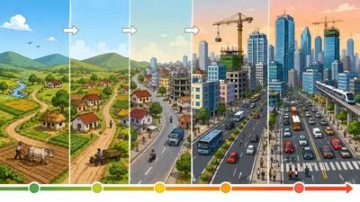 Urbanization - The process by which towns and cities grow as more people move to urban areas.