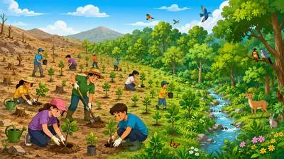 Afforestation - The process of planting trees on land to create a forest. (वनीकरण)