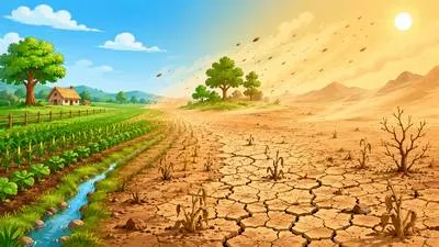 Desertification - The process by which fertile land becomes desert. (मरुस्थलीकरण)