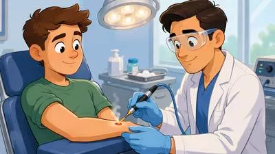 Cauterize - To burn a wound or affected area to stop bleeding or infection. (दागकर उपचार करना)