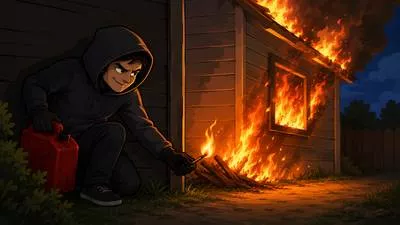 Arson - The criminal act of deliberately setting fire to property. (आगजनी)