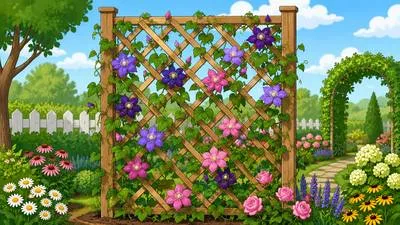 Trellis - A framework of crossed wooden or metal strips used to support climbing plants.