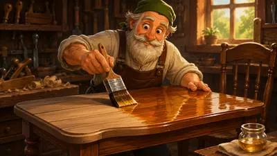 Varnish - A liquid coating used to give a hard, shiny surface; to cover with such a coating. (चमकदार परत चढ़ाना)