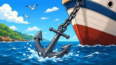 Anchor - A heavy object used to keep a ship in place; to hold or support firmly. (लंगर / स्थिर रखना)