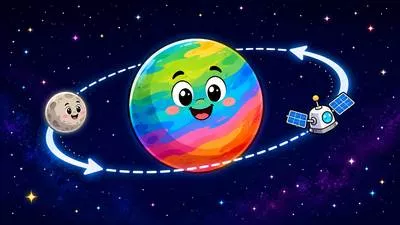 Orbit - The curved path followed by a planet, moon, or satellite around another object. (कक्षा)