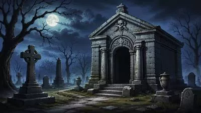 Sepulchral - Related to a tomb; gloomy, hollow, and frightening. (समाधि-संबंधी; उदास और भयावह)