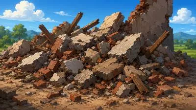 Rubble - Broken pieces of stone, brick, or concrete from a destroyed building. (मलबा)
