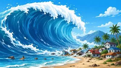 Tsunami - A very large and powerful sea wave caused by an earthquake or volcanic activity.