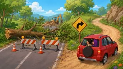 Detour - A longer or different route taken to avoid something. (वैकल्पिक मार्ग / चक्करदार रास्ता)