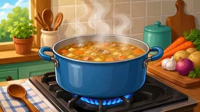 Simmer - To cook gently just below boiling point; to remain in a state of controlled anger or excitement. (धीमी आंच पर पकाना; भीतर ही भीतर क्रोधित होना)