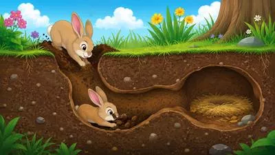 Burrow - A hole or tunnel dug by a small animal; to dig or move into a hole. (बिल; बिल खोदना)