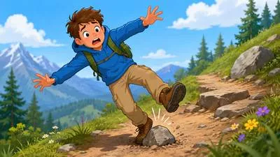 Stumble - To trip or lose balance while walking or moving.
