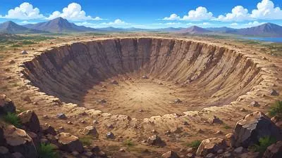 Crater - A large bowl-shaped hole in the ground or on the surface of a planet.