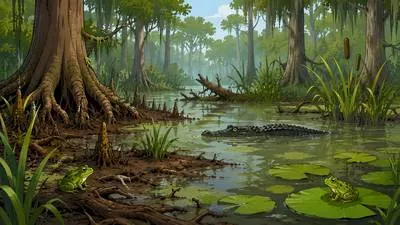 Swamp - An area of soft, wet land; also, to overwhelm someone with too much work.