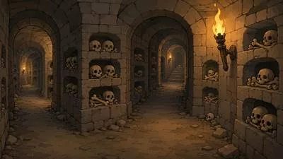 Catacomb - An underground passage or chamber used for burying dead bodies. (भूमिगत कब्रगृह)