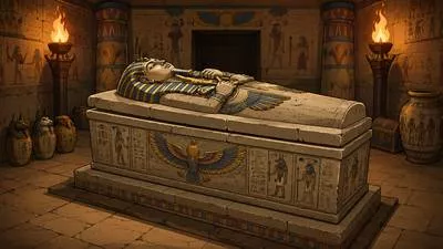 Sarcophagus - A stone coffin, usually decorated with carvings or inscriptions. (पत्थर का ताबूत)