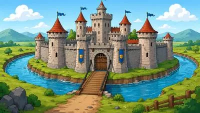 Moat - A deep, wide ditch, often filled with water, surrounding a castle or fort. (किले के चारों ओर की खाई)