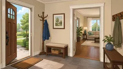Vestibule - A small entrance hall or passage leading into a larger room or building.