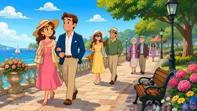 Promenade - To take a leisurely walk, especially in a public place.
