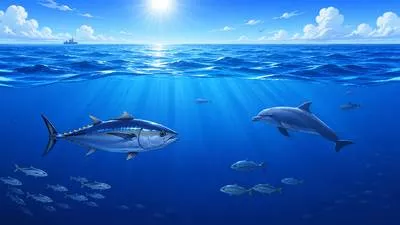 Pelagic - Relating to the open sea, especially the areas far from the coast. (खुले समुद्र से संबंधित)