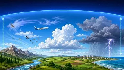 Troposphere - The lowest layer of the Earth’s atmosphere, where most weather changes occur. (क्षोभमंडल)