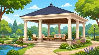 Pavilion - A large, often open-sided structure used for shelter, entertainment, or public events. (आश्रय, मनोरंजन या सार्वजनिक कार्यक्रमों के लिए बना मंडप)
