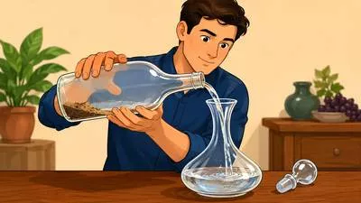 Decant - Pour a liquid carefully from one container into another, usually without disturbing the sediment. (तरल पदार्थ को सावधानीपूर्वक दूसरे पात्र में उँडेलना)