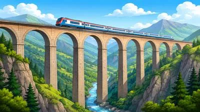 Viaduct - A long bridge-like structure carrying a road or railway across a valley or low ground. (घाटी के ऊपर बना पुल)