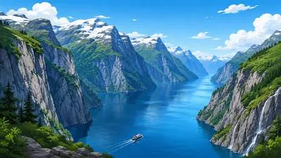 Fjord - A long, narrow, deep inlet of the sea between steep cliffs, usually formed by glaciers.