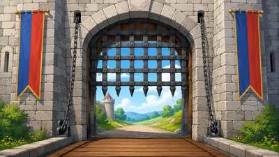 Portcullis - A heavy iron or wooden gate that slides vertically to block the entrance of a castle.
