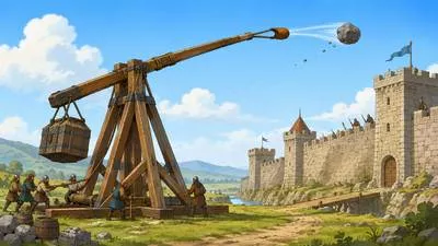 Trebuchet - A large medieval military machine used for throwing heavy stones or other objects at enemy fortifications.