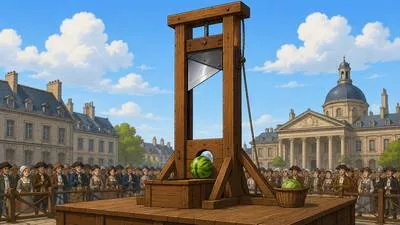 Guillotine - A machine with a heavy falling blade formerly used for beheading people; to cut something quickly with a blade-like device.